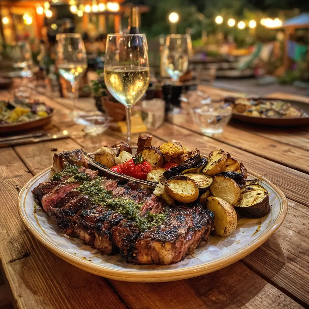 serviertes tomahawk steak mit kartoffeln und gemüse auf holzbrett