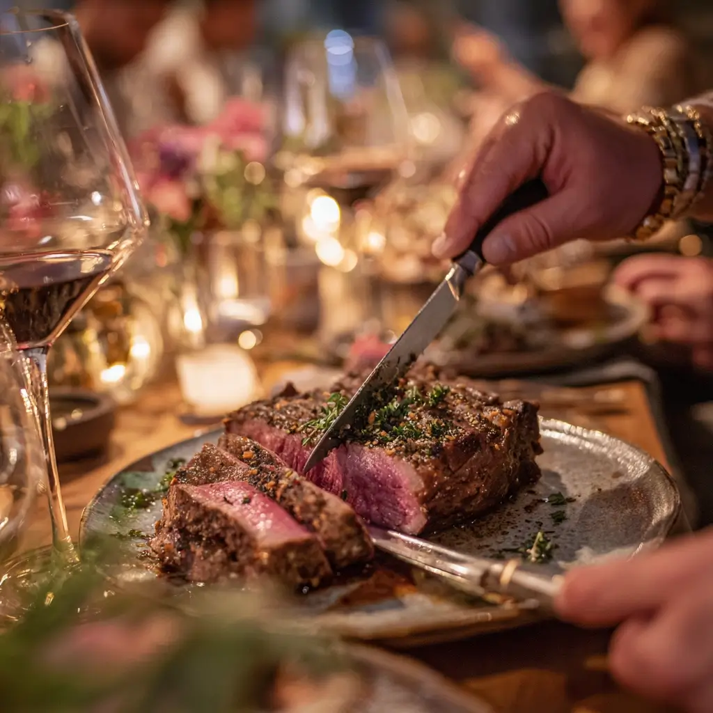 Steak wird am Tisch aufgeschnitten, umgeben von Freunden