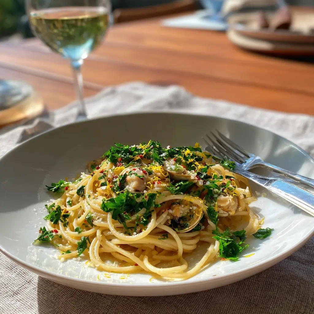 Eine Frau hält einen Teller Spaghetti Vongole vor einem sonnigen Küchenfenster