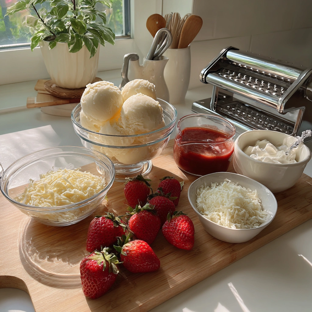 spaghetti eis zutaten vanilleeis erdbeeren schlagsahne weiße schokolade spätzlepresse