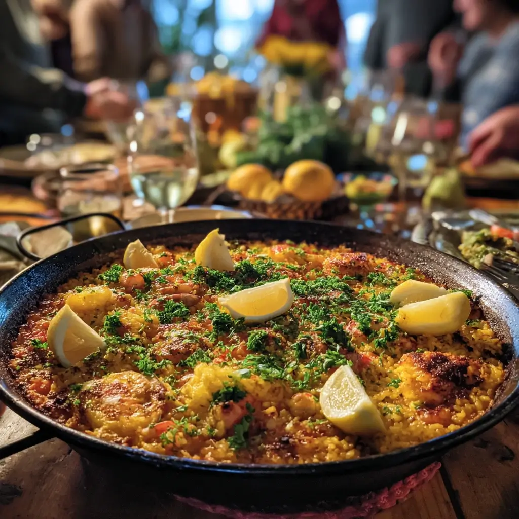 Paella in einer großen Pfanne mit Safranreis, Meeresfrüchten und Huhn