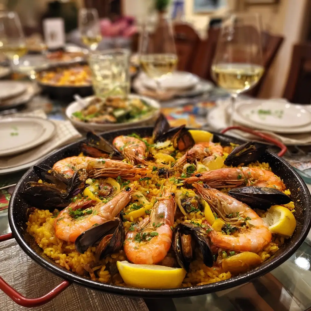 Paella Rezept in traditioneller Pfanne mit Meeresfrüchten und Huhn