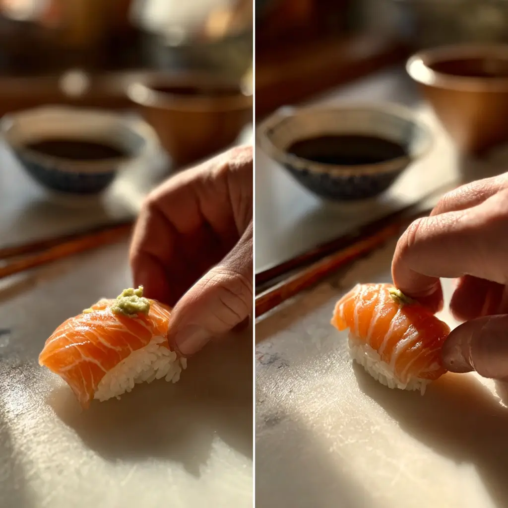 Hände formen sushi nigiri mit Lachs und Reis
