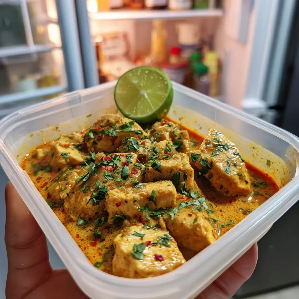 Thai curry in Meal-Prep-Box mit frischen Kräutern und Limette
