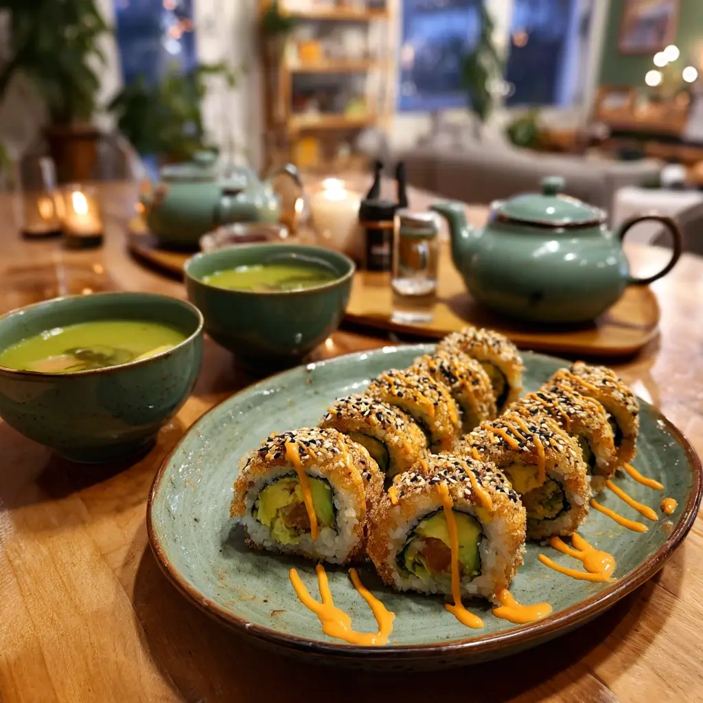 Tempura Sushi auf grünem Teller mit Sesam und würziger Sauce, serviert mit grünem Tee.