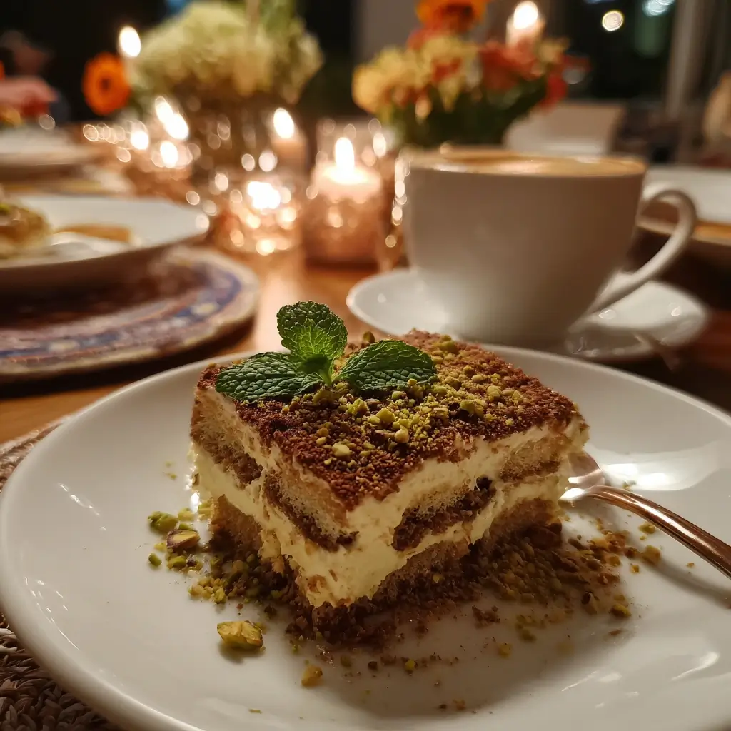 Pistazien Tiramisu im Glas mit Mascarpone Creme und Pistazien als perfektes italienisches Dessert.