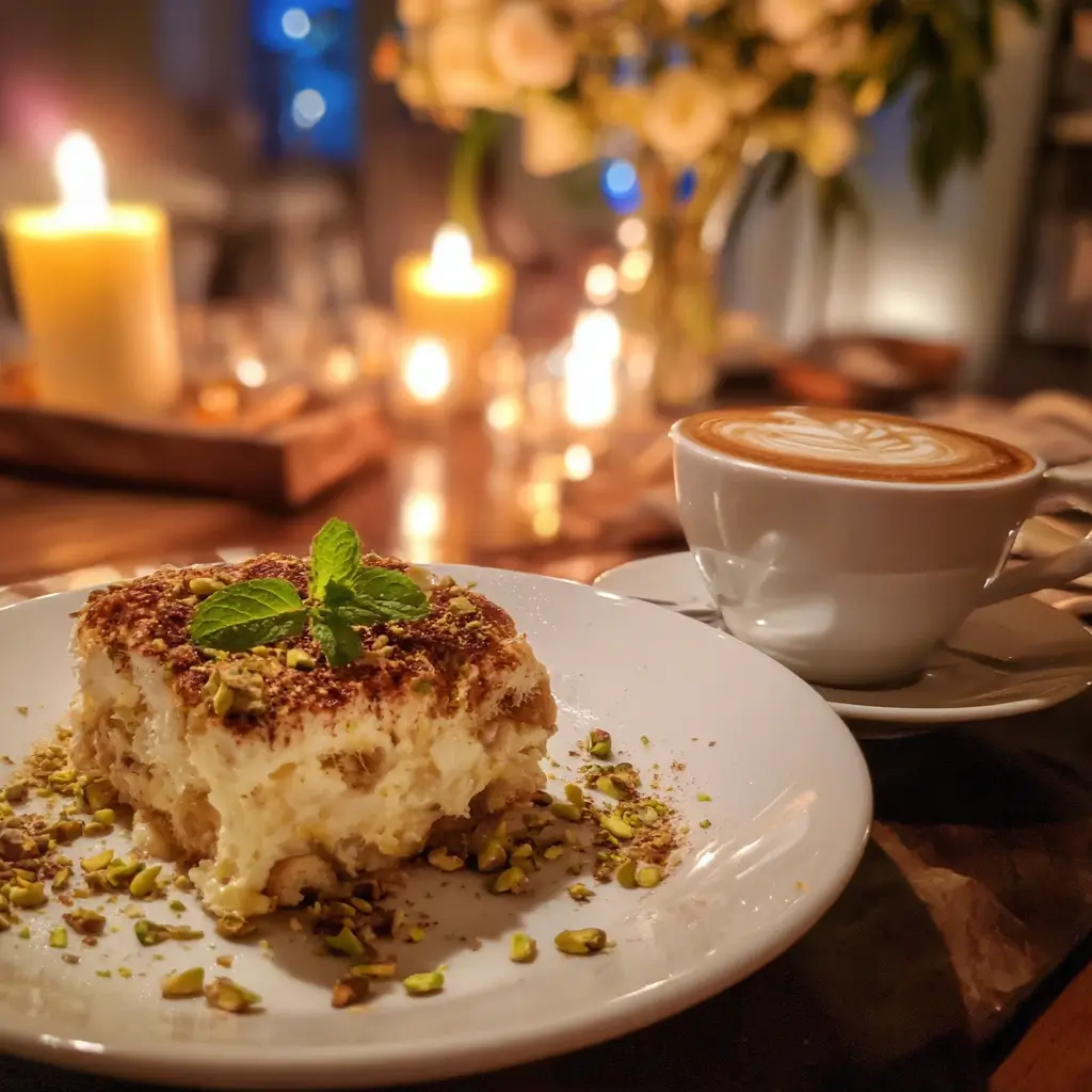 Pistazien Tiramisu auf Teller serviert mit Cappuccino als Dessert.
