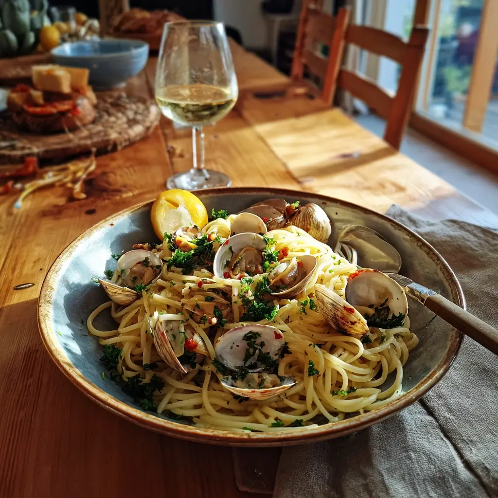 Spaghetti Vongole serviert auf einem tiefen Teller mit frischer Petersilie und Zitronenscheibe
