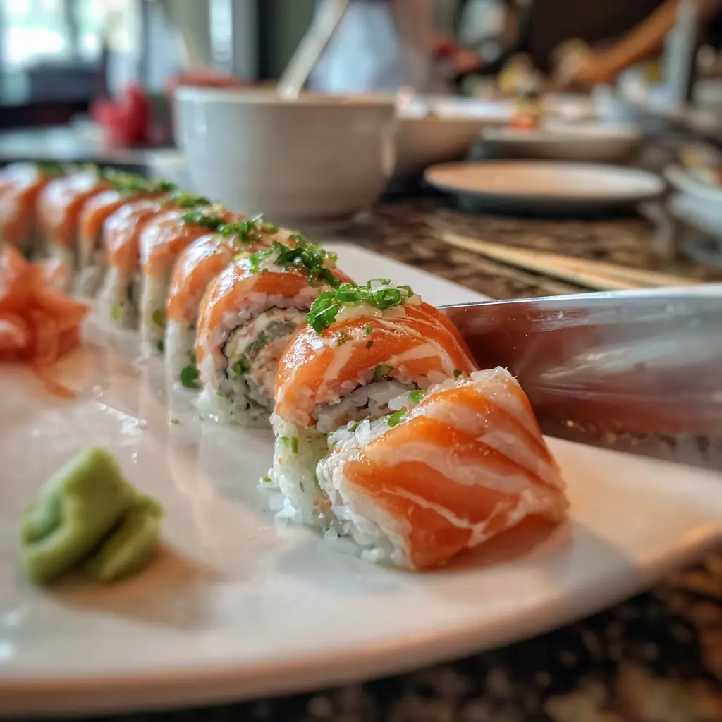 Saki maki sushi wird in gleichmäßige Stücke geschnitten