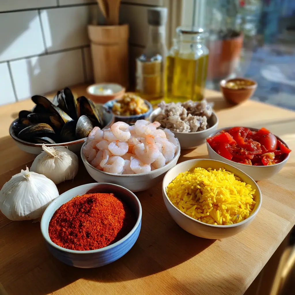 Paella Zutaten wie Reis, Safran, Huhn, Garnelen und Gemüse