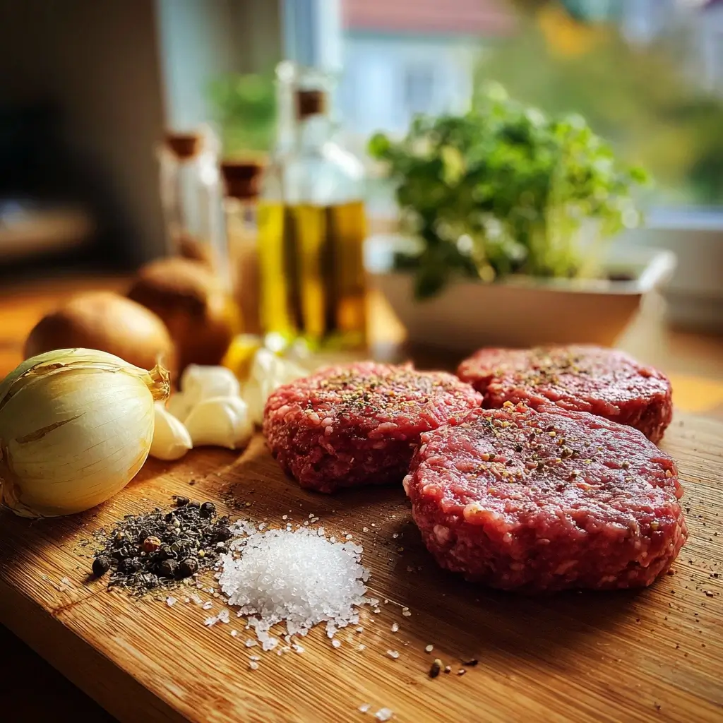 Frische Zutaten zum burger patties selber machen: Rinderhack, Gewürze, Zwiebeln und Knoblauch auf Küchenbrett.