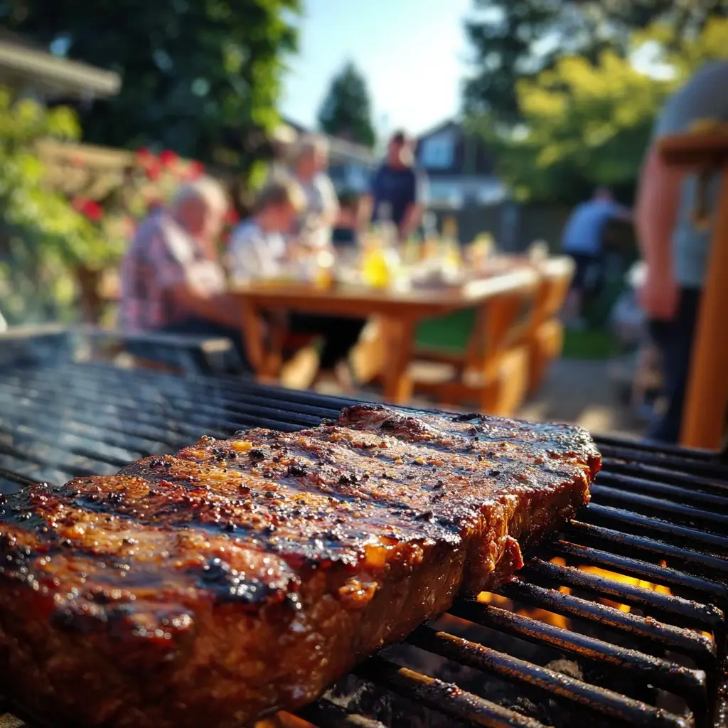 Flank steak mit Grillstreifen auf Holzkohlegrill mit Flammen.