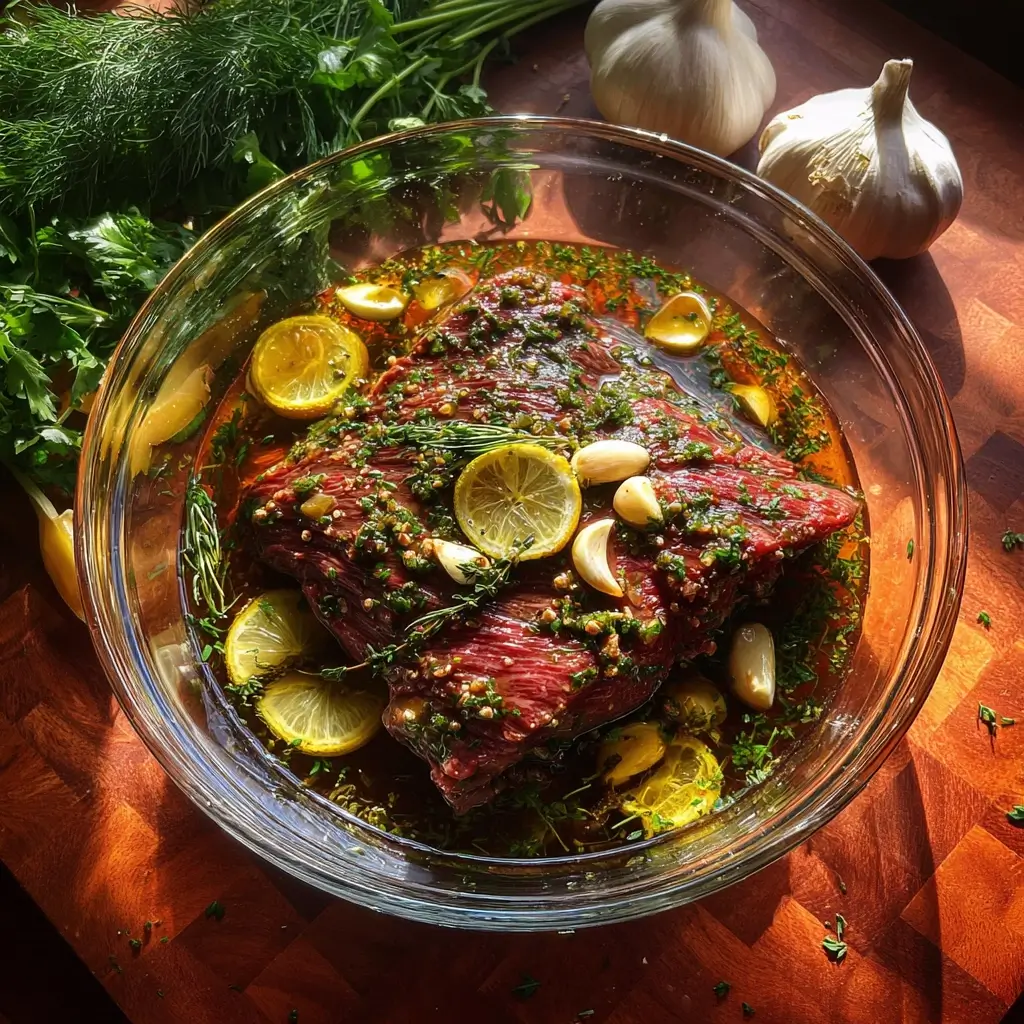 Flank steak mariniert in Glasform mit Kräutern, Knoblauch und Olivenöl.