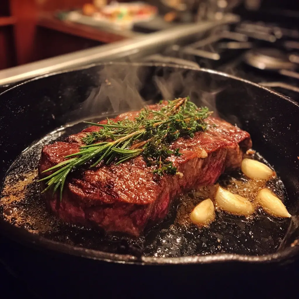 steak garstufen medium rare in gusseiserner pfanne mit butter und kräutern
