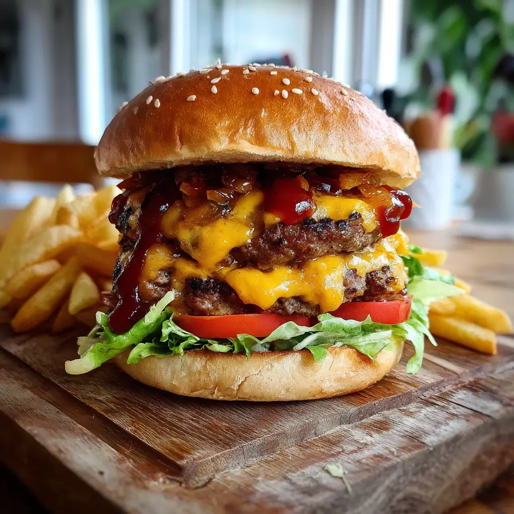 Burger patties selber machen – fertig zusammengestellter Burger mit Käse, Salat, Tomate und Soße.