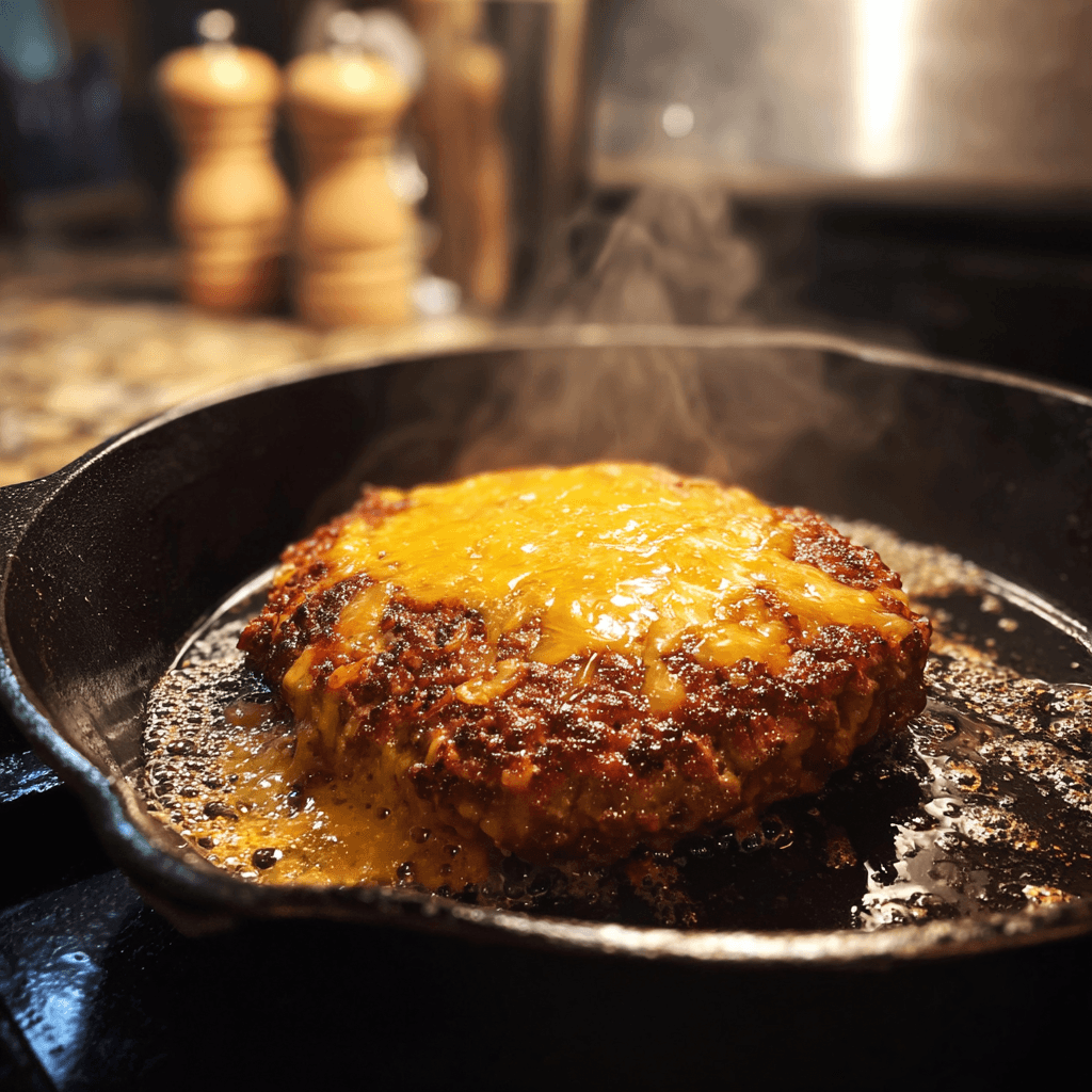 Rinderpatty mit geschmolzenem Käse in der Pfanne beim Burger selber machen.