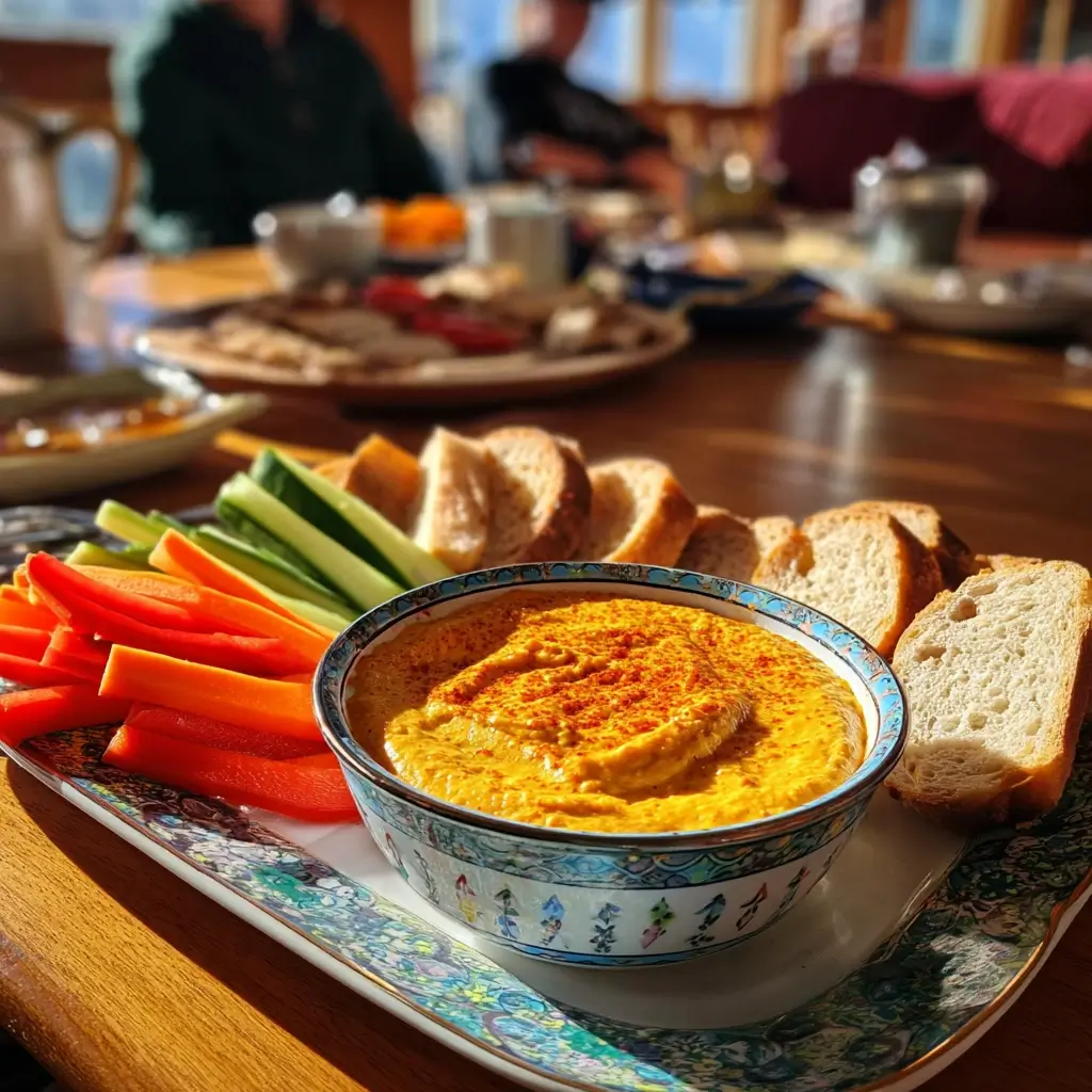 Curry dattel dip mit Brot und frischem Gemüse serviert