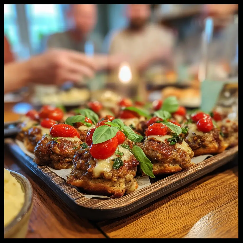 mini pizza burger auf Servierplatte mit Basilikum und Tomaten, ideal für Partys