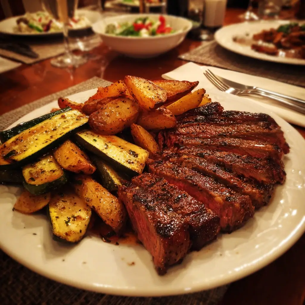 steak garstufen medium angerichtet mit Kartoffeln und Gemüse