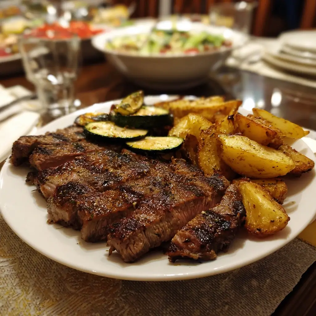 steak garstufen medium serviert mit kartoffeln und zucchini auf teller