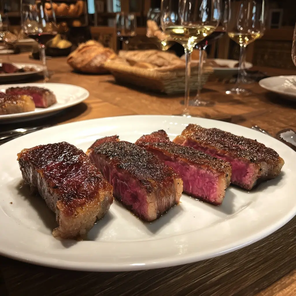 Drei Scheiben Porterhouse Steak in verschiedenen Garstufen