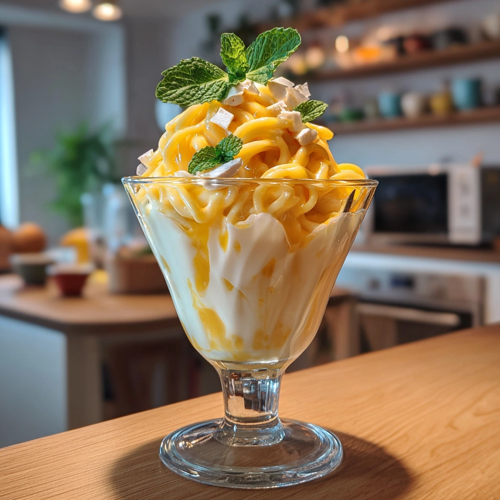 Spaghetti Eis Dessert mit Mango-Soße und Minzblättern serviert