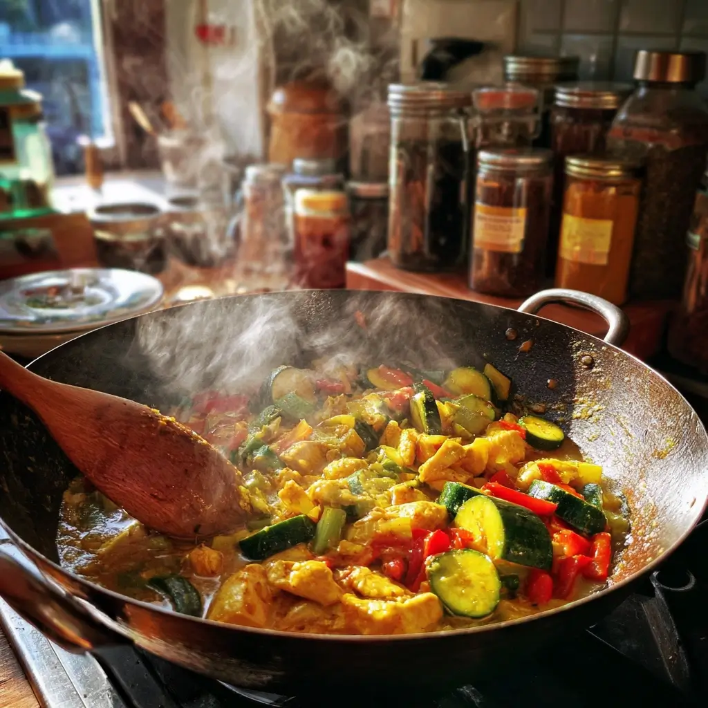 Hähnchenwürfel in Pfanne angebraten mit roter Currypaste für Thai Curry Rezept