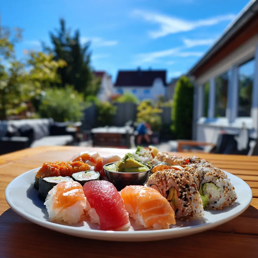 Servierte Sushi Platte mit glänzendem sushi reis, Maki, Nigiri und Schälchen mit Sojasauce.