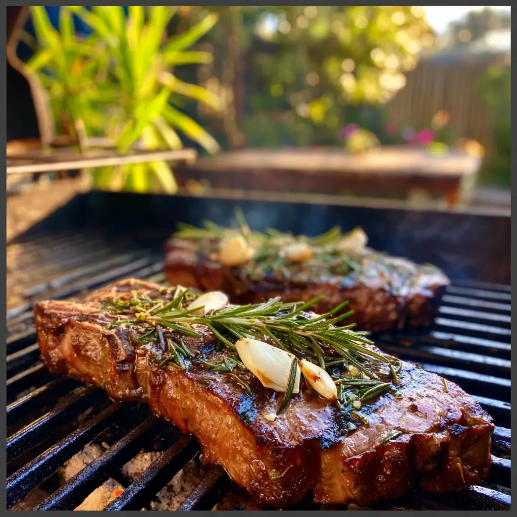 Porterhouse Steak auf dem Grill mit goldener Kruste und Rauch