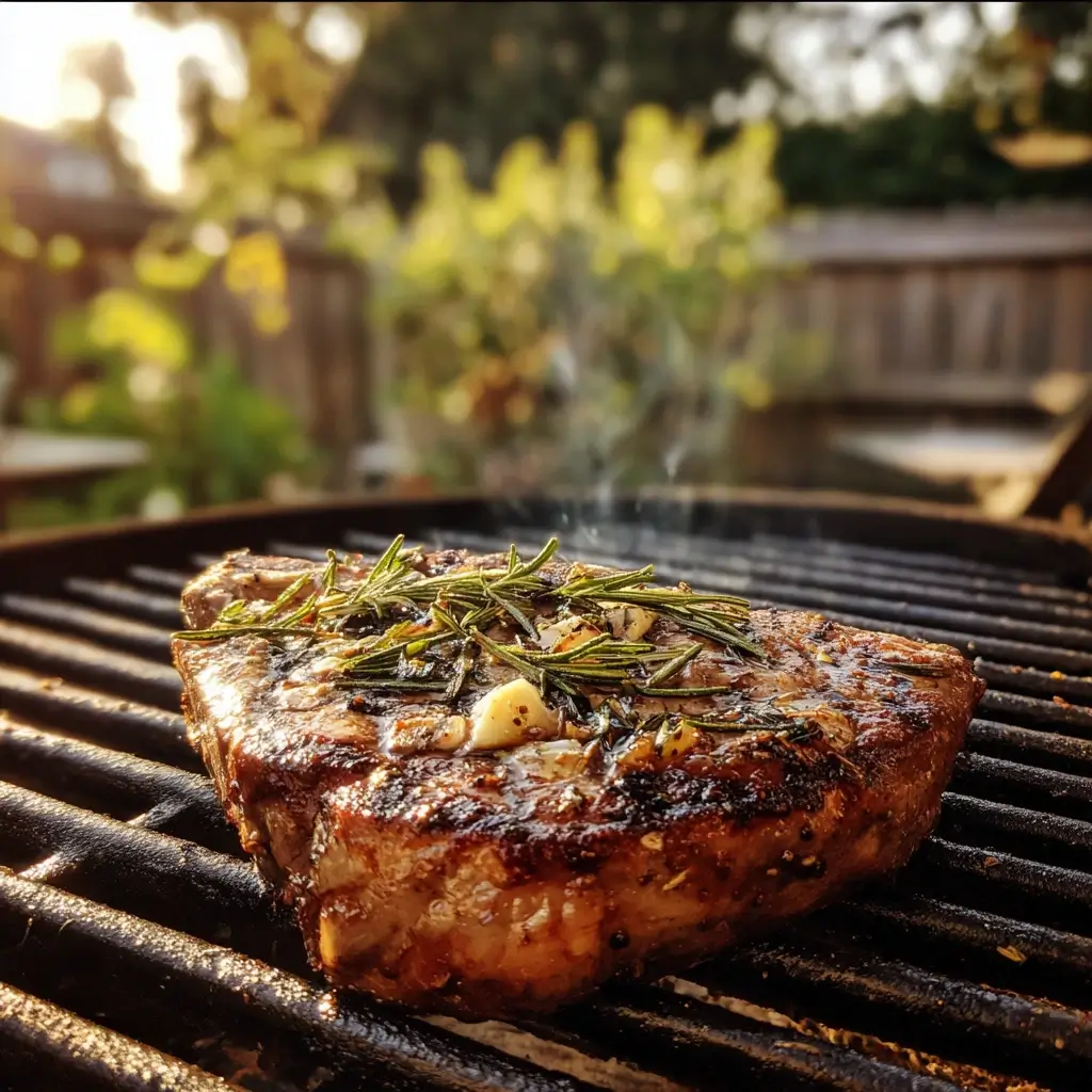 Porterhouse Steak brutzelt auf dem Grill mit Kräutern und Knoblauch