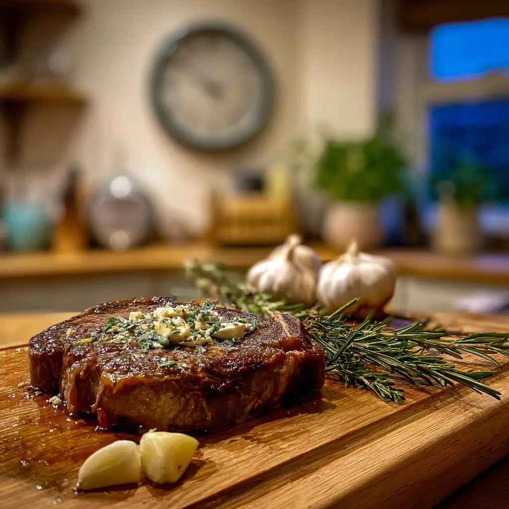 Rib Eye Steak ruht auf Holzbrett mit Alufolie bedeckt, um saftig zu bleiben.