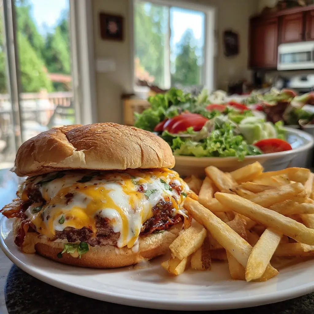 pizza burger auf einem rustikalen Holztisch, frisch gebacken mit geschmolzenem Käse und goldbraunem Teig
