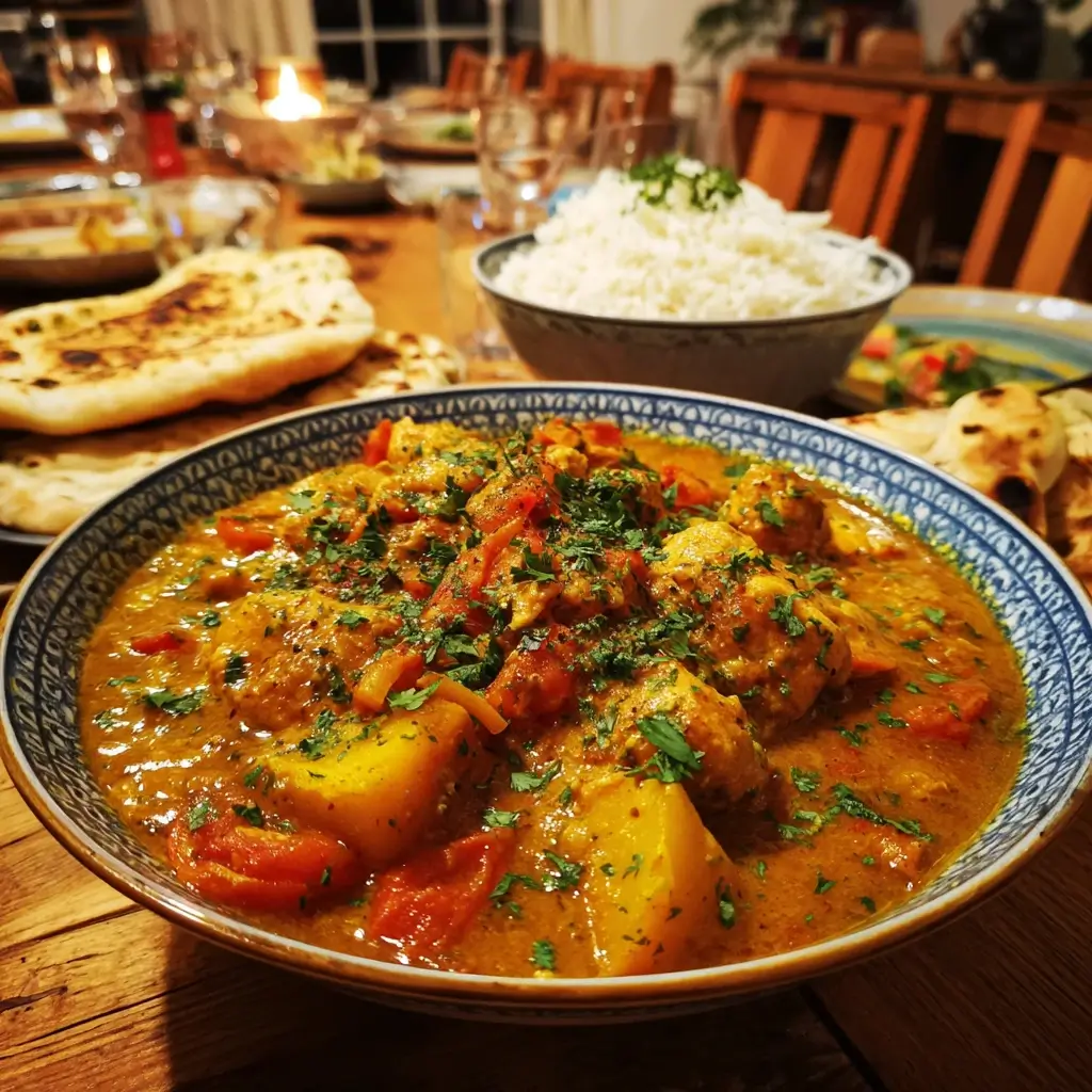 Curry Rezept mit Hähnchen und Reis auf rustikalem Tisch