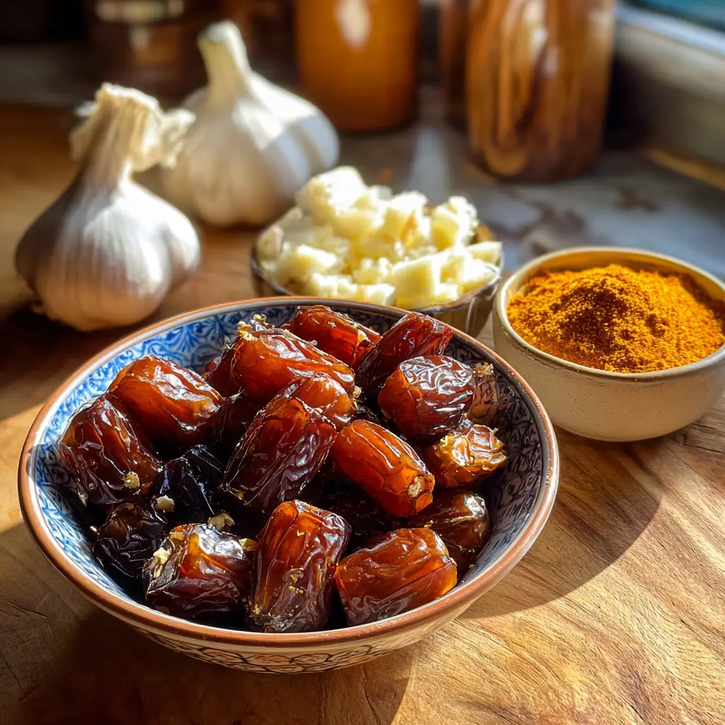 Vorbereitung für curry dattel dip mit gehackten Datteln und Knoblauch