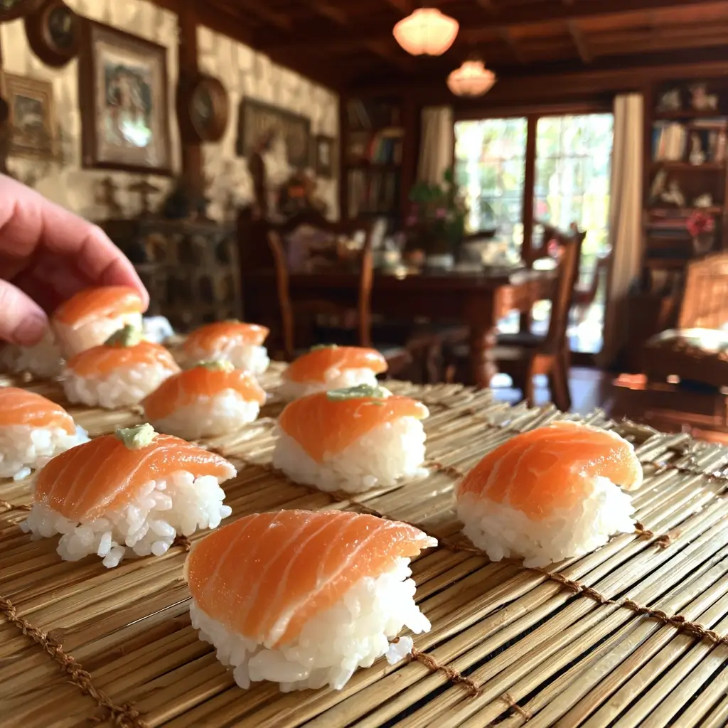 Nigiri Sushi wird geformt mit Reis und frischem Lachsbelag