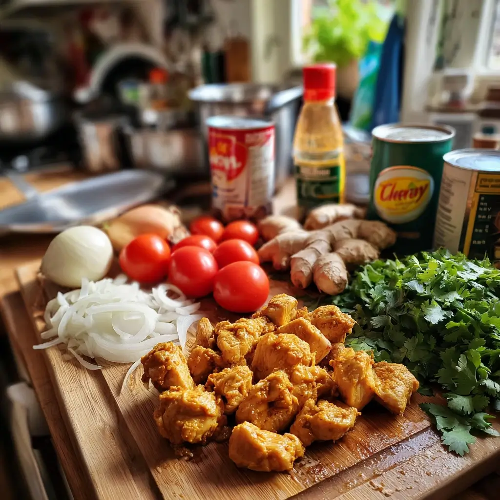 Curry Rezept Zutaten frisch auf Holztisch angerichtet