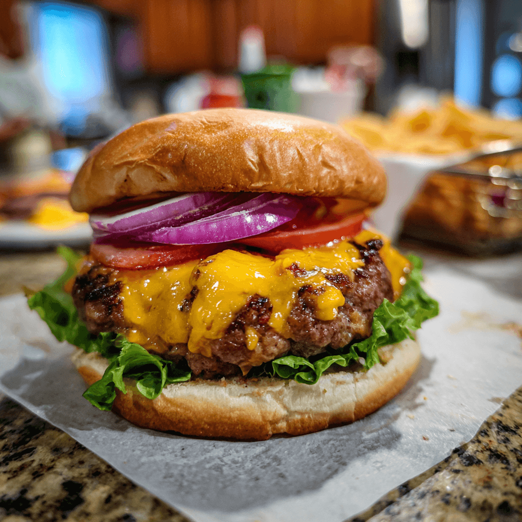 Burger selber machen mit saftigem Patty, geschmolzenem Käse und frischen Zutaten auf einem Holzbrett.