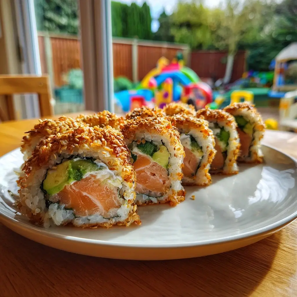 Inside Out Sushi auf schwarzer Servierplatte mit Wasabi