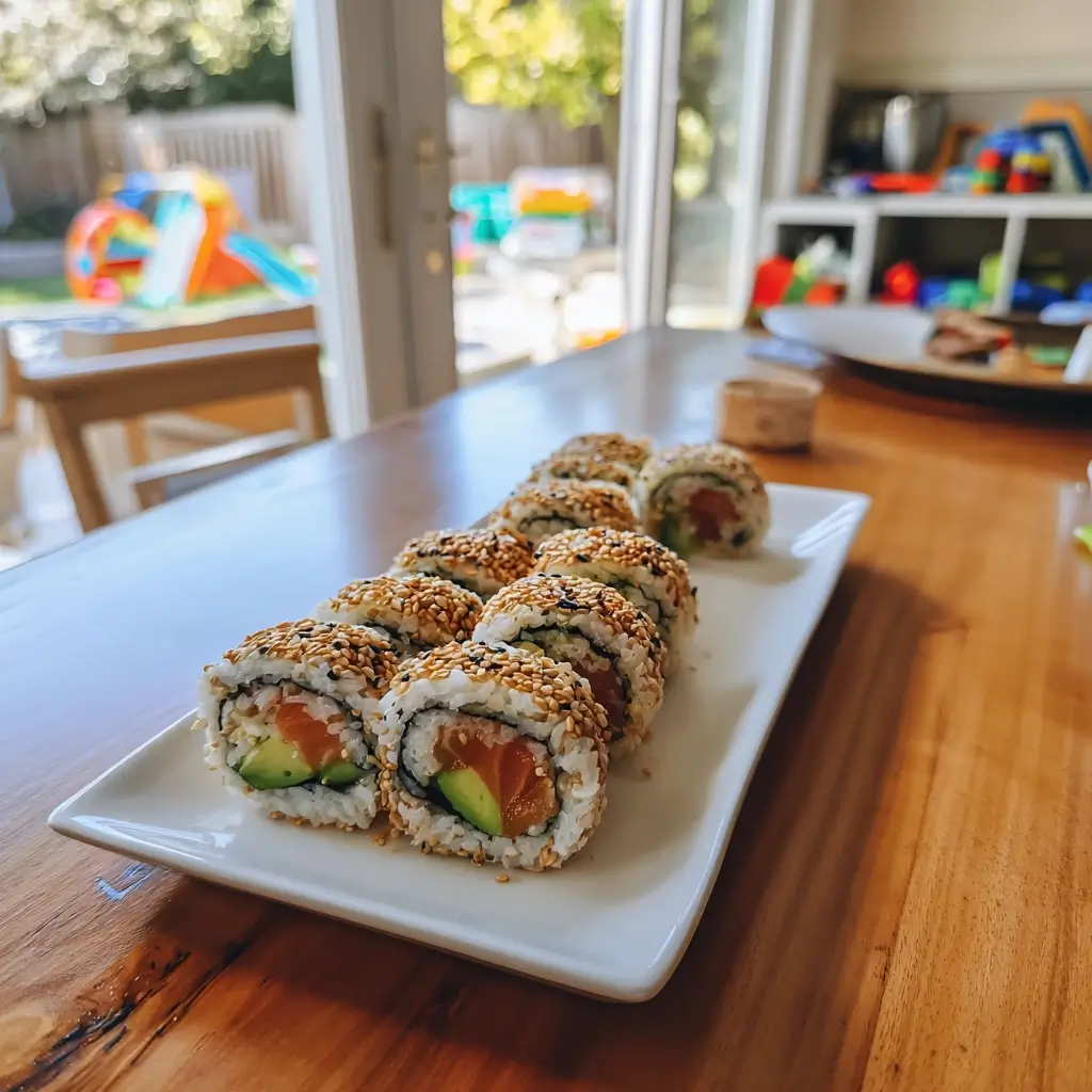Inside Out Sushi auf Holzbrett mit Lachs, Avocado und Sesam