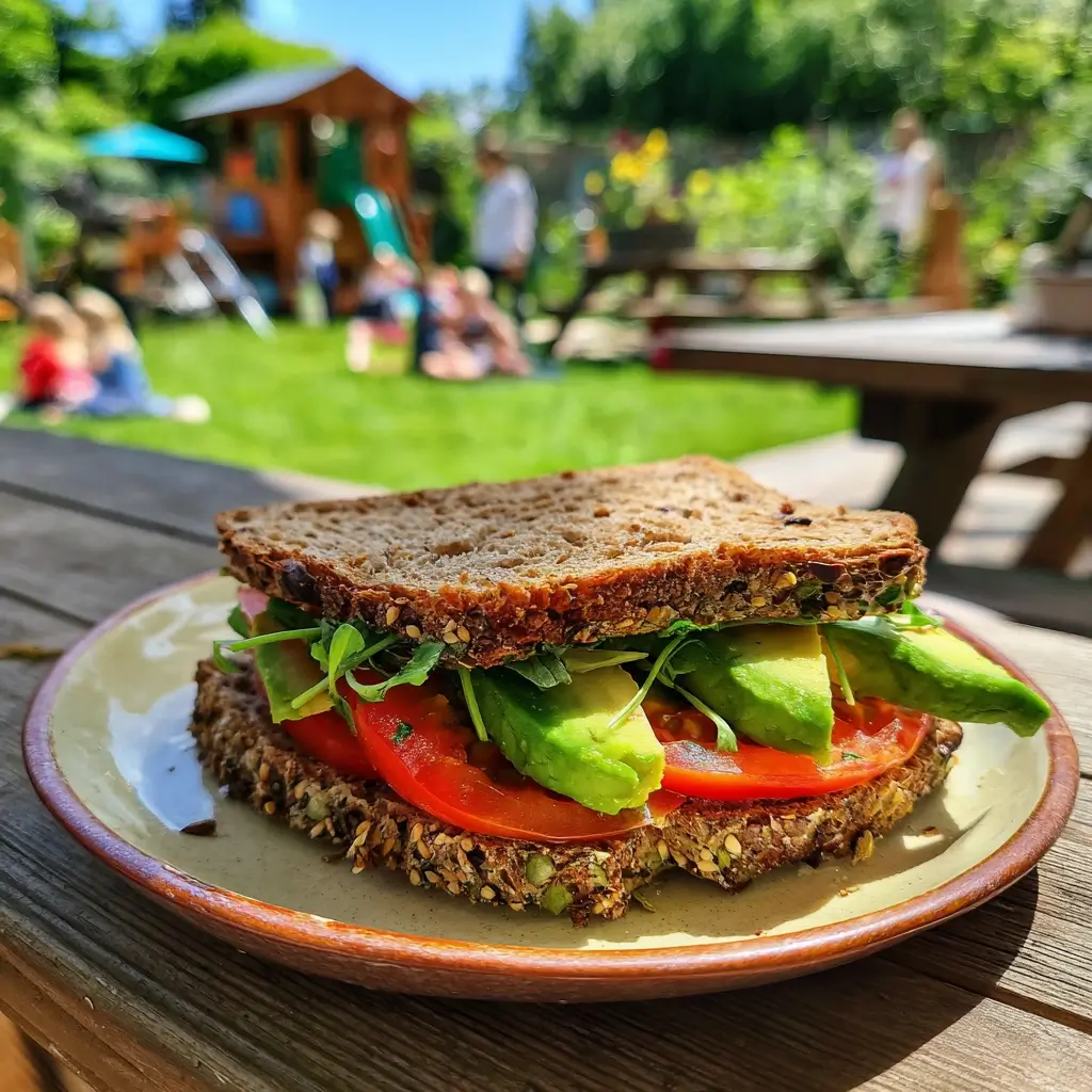 Glutenfreies Brot Sandwich mit Avocado und Tomaten auf Teller im Garten.