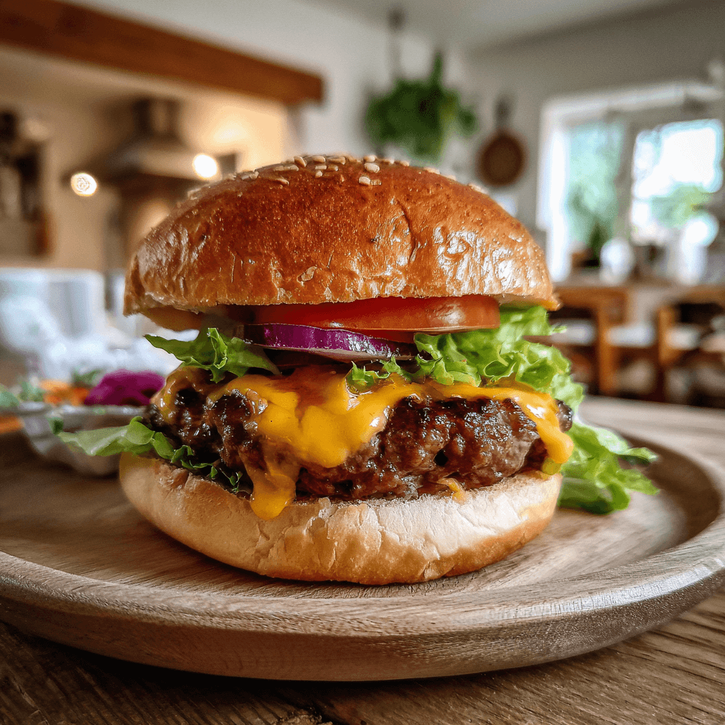 Burger selber machen mit saftigem Rinderpatty, geschmolzenem Cheddar, frischem Salat, Tomate und Zwiebel auf einem Brioche-Brötchen.