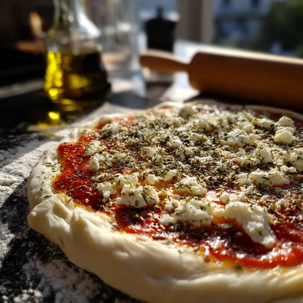 ausgerollter Pizzateig für pizza burger mit Tomatensauce, Mozzarella und Oregano