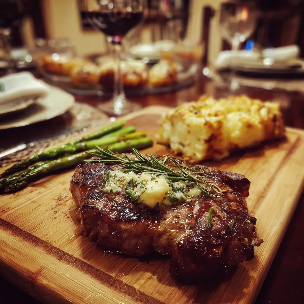 Rib Eye Steak perfekt gebraten auf Holzbrett mit Beilagen und Butterkräutern.