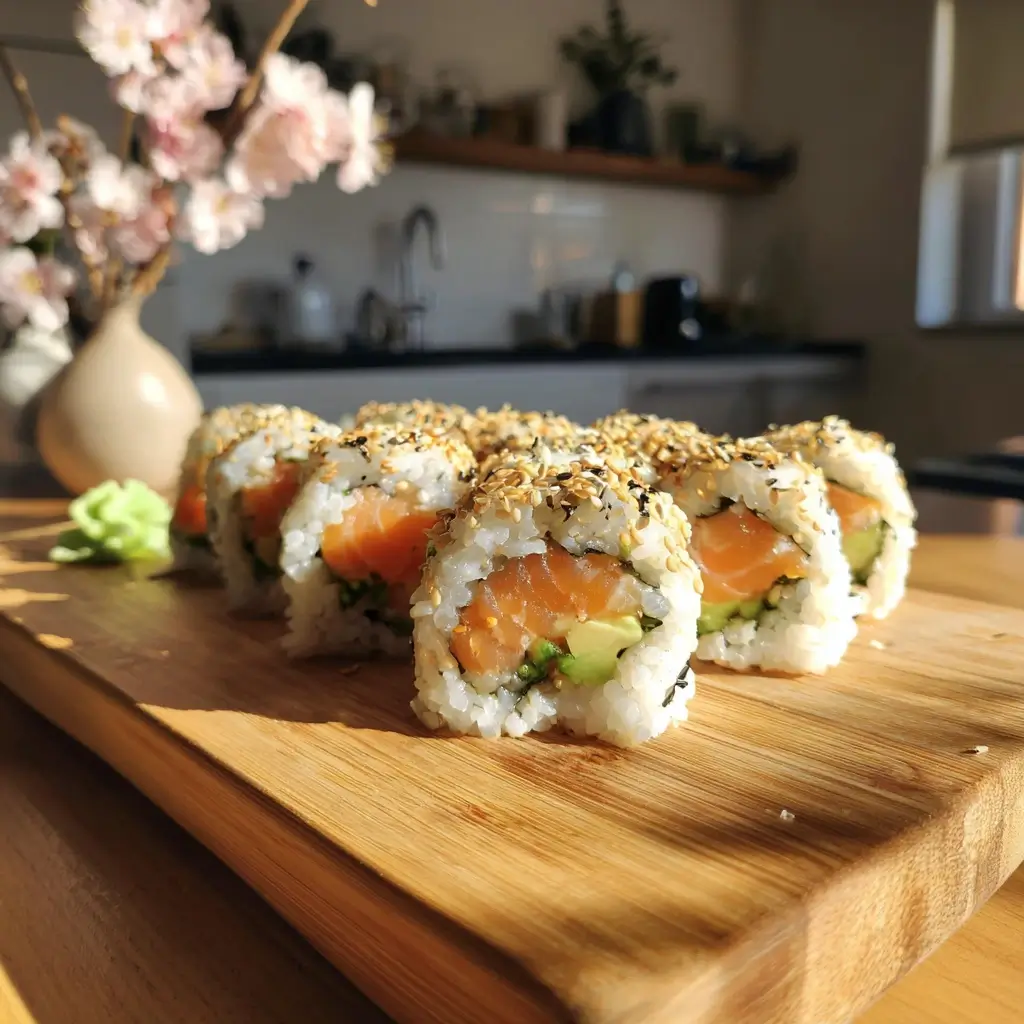 Inside Out Sushi Stücke mit Lachs und Sesam auf weißem Teller