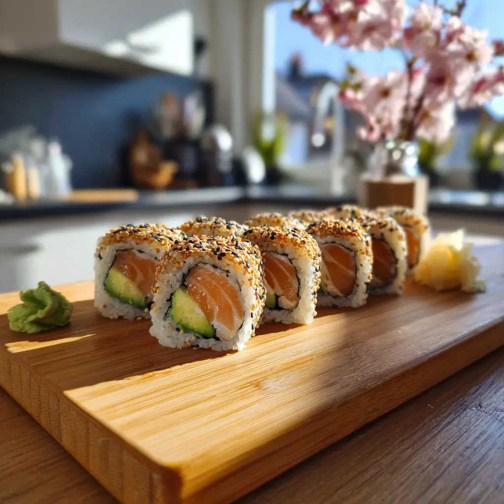 Hausgemachtes saki maki sushi mit Lachs und Avocado auf Holzbrett