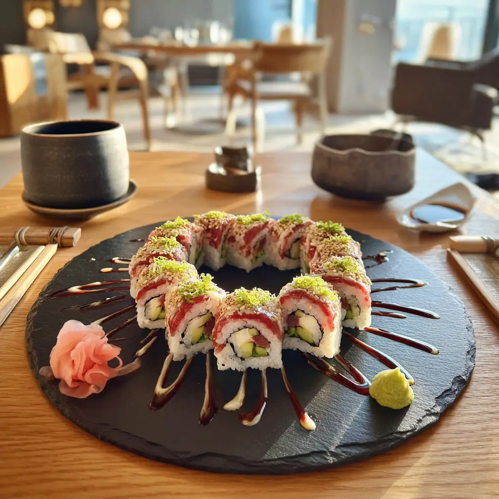 Freunde essen Inside Out Sushi am Esstisch