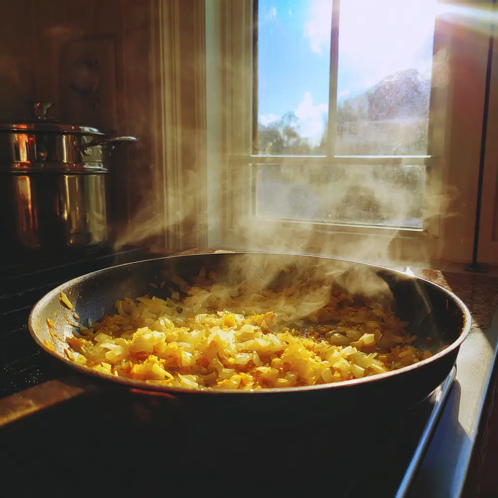 Curry Rezept Zwiebeln, Knoblauch und Gewürze in Pfanne