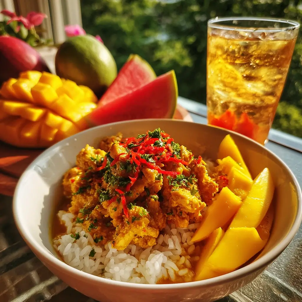 Scharfes Chicken Curry mit roten Chilischoten dekoriert