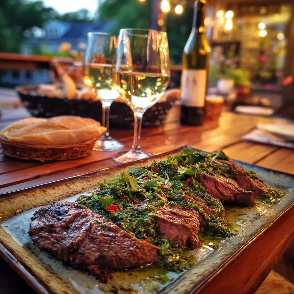 Flank steak mit frischer grüner Chimichurri-Sauce auf Teller.