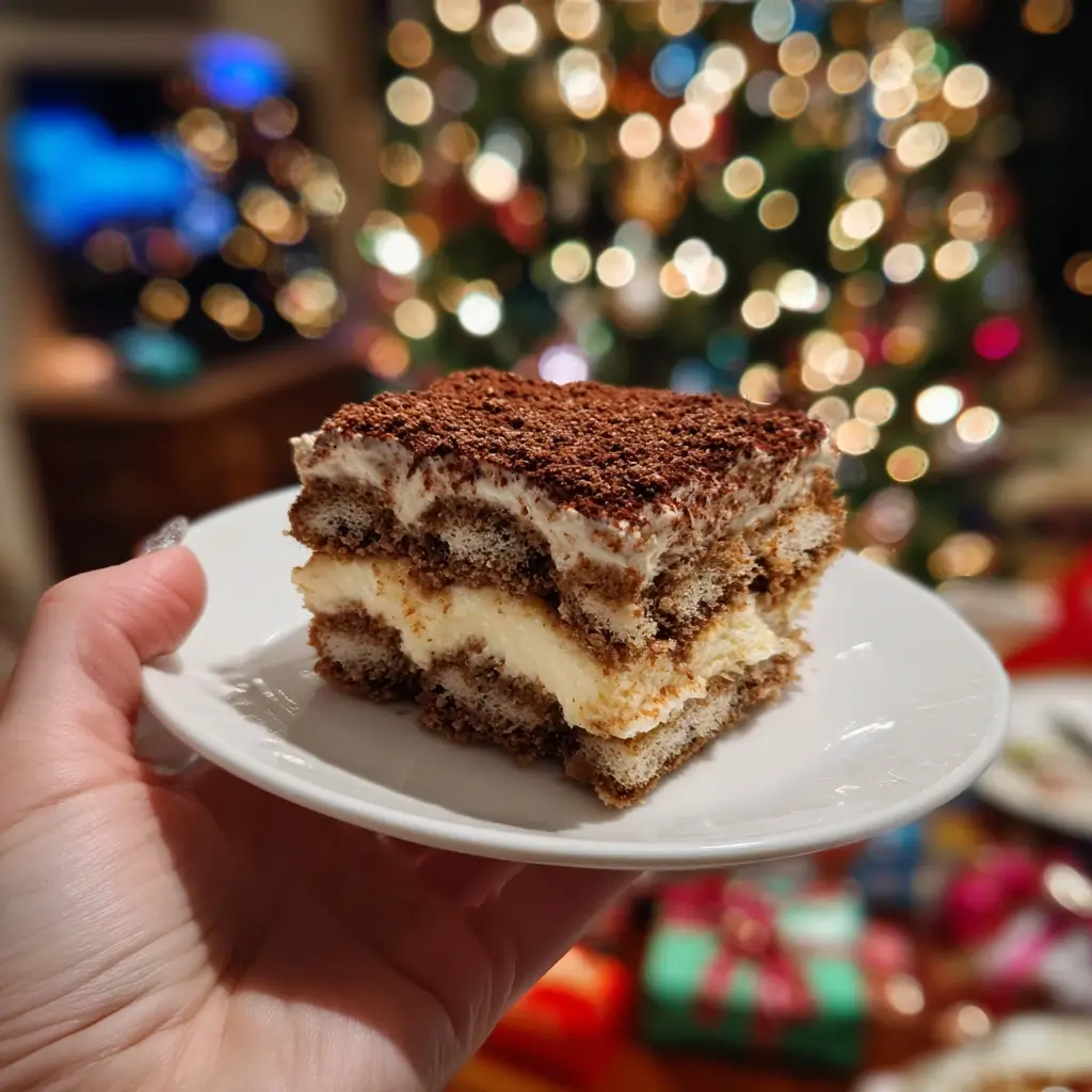 Spekulatius Tiramisu festlich dekoriert mit Kakao und Weihnachtslichtern